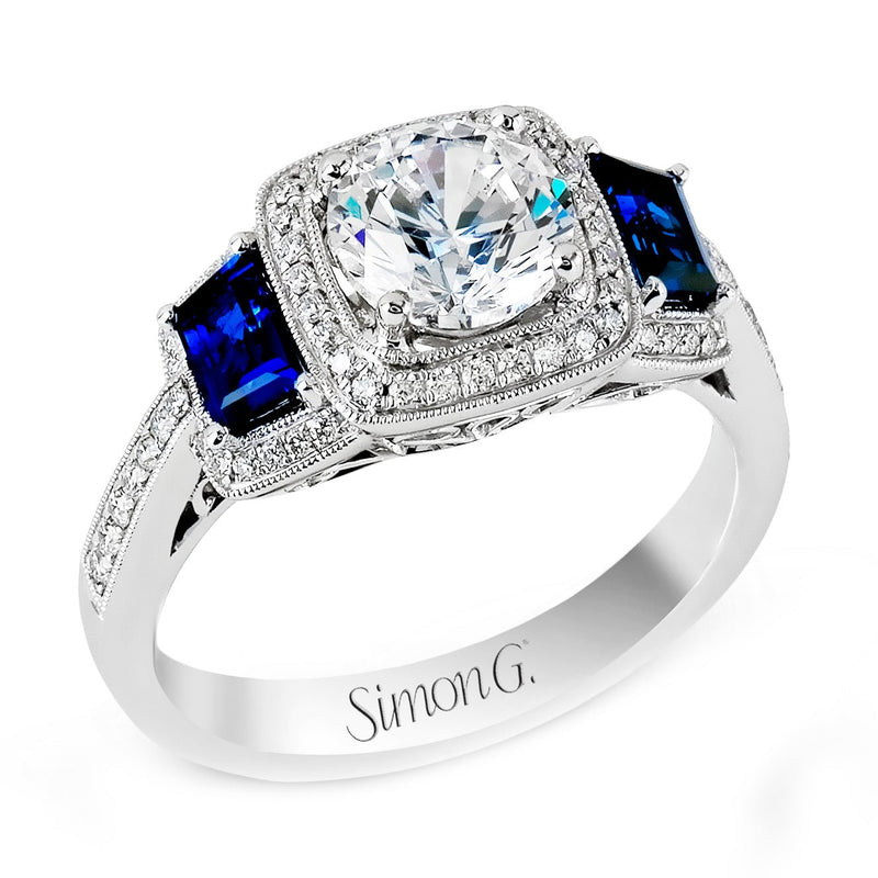 Round - Cut Three - Stone Halo Engagement Ring In 18k Gold With Diamonds & Sapphires - Simon G. Jewelry