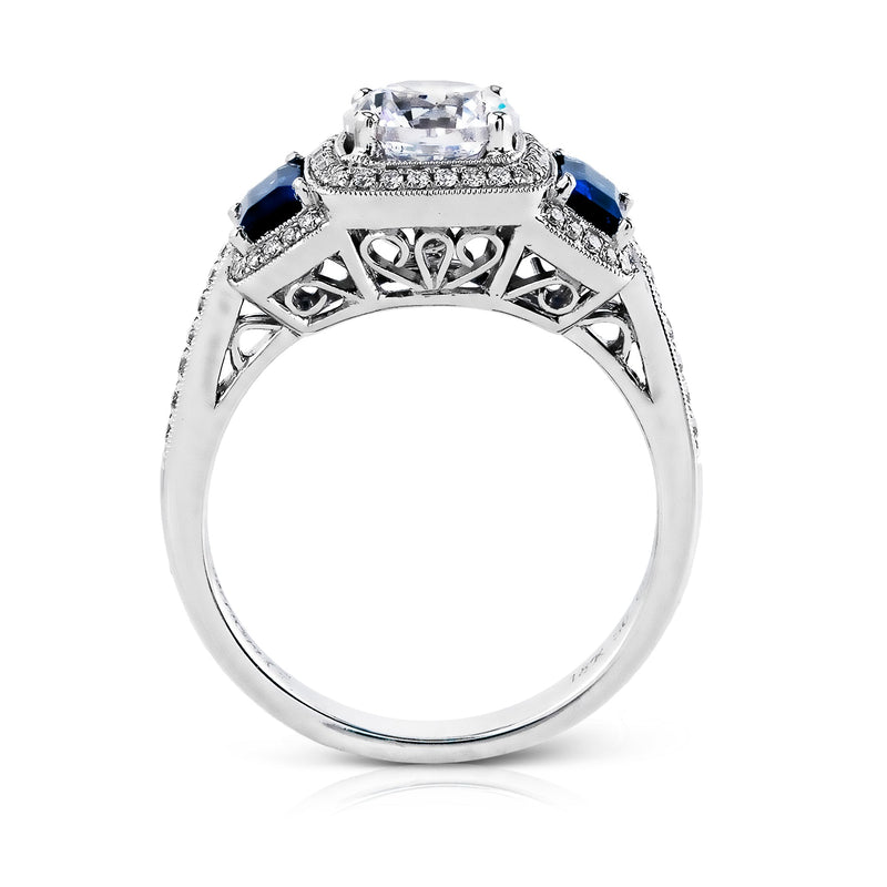 Round - Cut Three - Stone Halo Engagement Ring In 18k Gold With Diamonds & Sapphires - Simon G. Jewelry