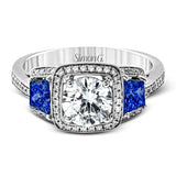 Round - Cut Three - Stone Halo Engagement Ring In 18k Gold With Diamonds & Sapphires - Simon G. Jewelry