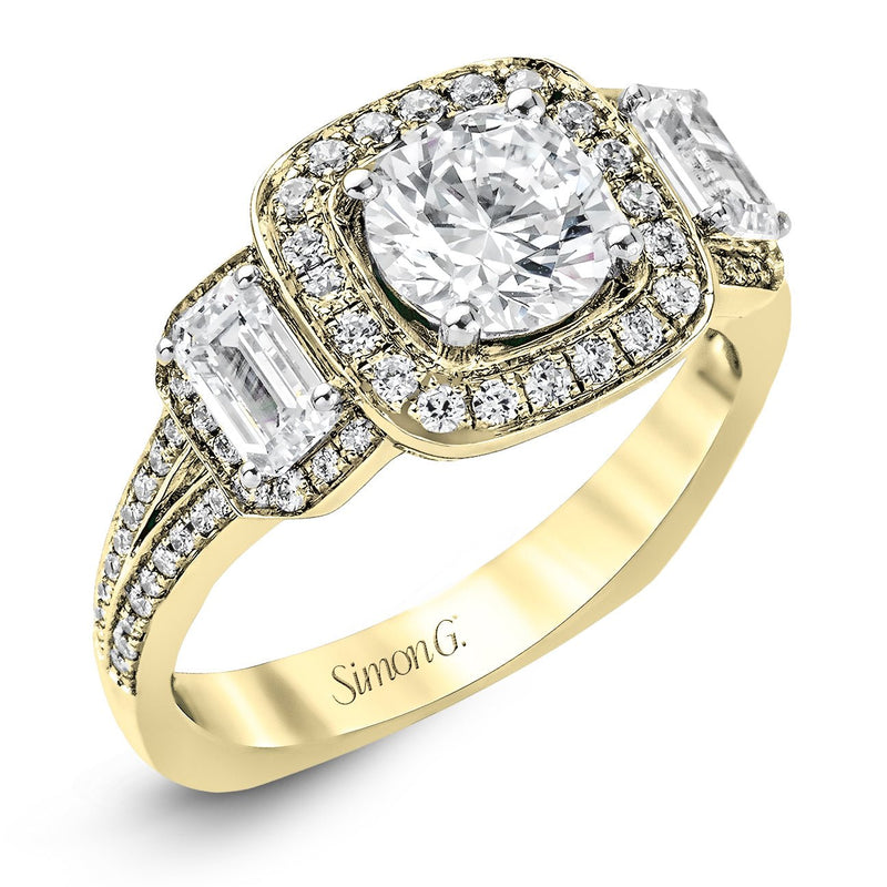Round-Cut Three-Stone Halo Engagement Ring In 18k Gold With
