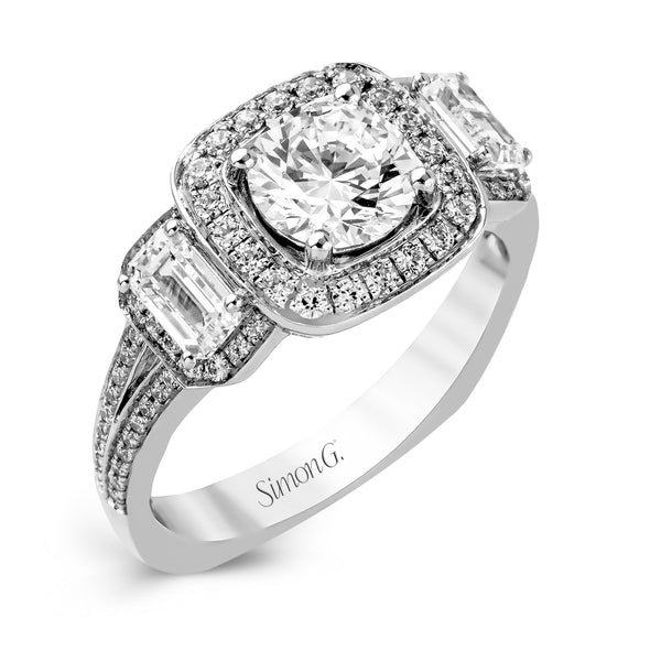 Round - Cut Three - Stone Halo Engagement Ring In 18k Gold With Diamonds - Simon G. Jewelry