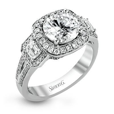Round - cut Three - Stone Halo Engagement Ring in 18k Gold with Diamonds - Simon G. Jewelry