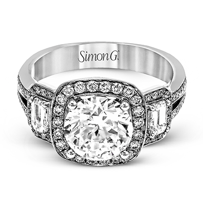 Round - cut Three - Stone Halo Engagement Ring in 18k Gold with Diamonds - Simon G. Jewelry
