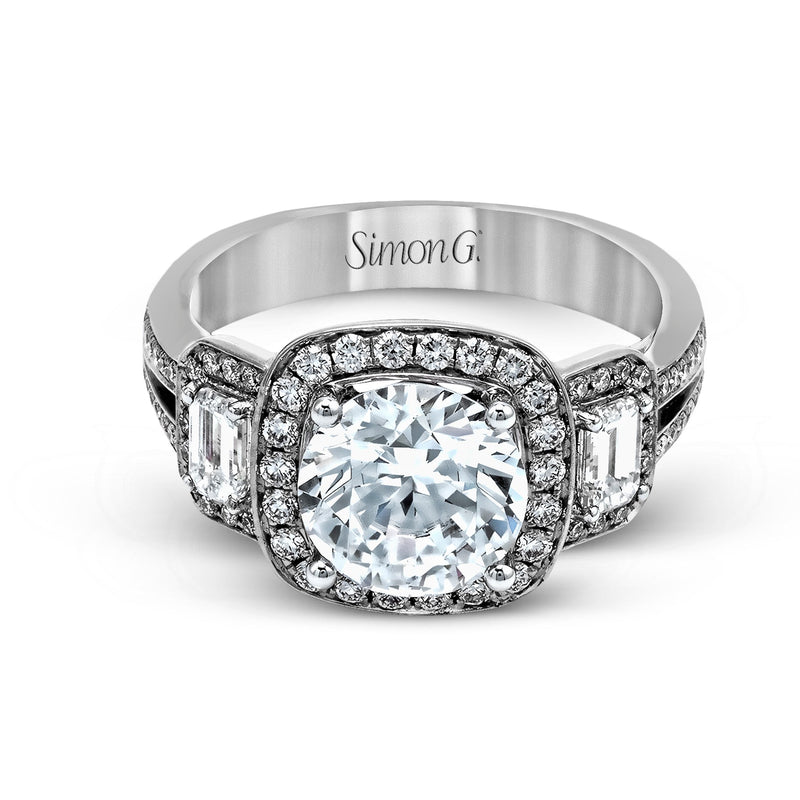 Round - cut Three - Stone Halo Engagement Ring in 18k Gold with Diamonds - Simon G. Jewelry