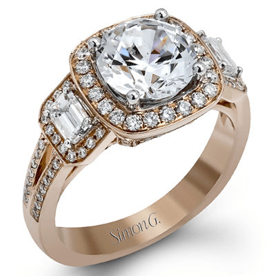 Round - cut Three - Stone Halo Engagement Ring in 18k Gold with Diamonds - Simon G. Jewelry