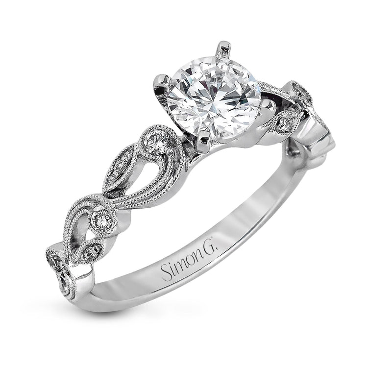 Round - cut Trellis Engagement Ring & Matching Wedding Band in 18k Gold with Diamonds - Simon G. Jewelry