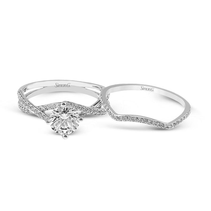 Round-cut Criss-cross Engagement Ring & Matching Wedding Band in 18K Gold with Diamonds