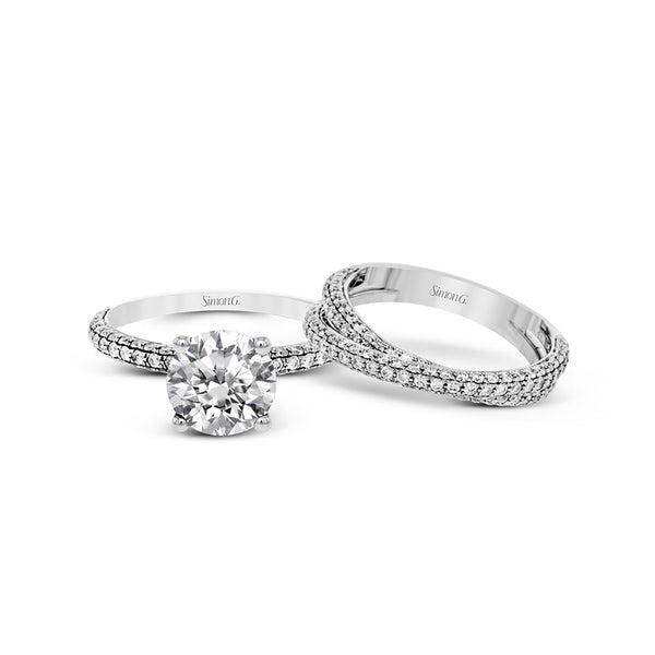 Round-cut Criss-cross Engagement Ring & Matching Wedding Set in 18k Gold with Diamonds