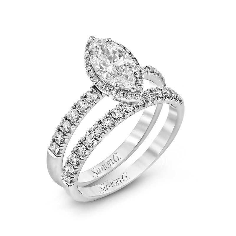 Marquise-cut Halo Engagement Ring & Matching Wedding Band in 18k Gold with Diamonds