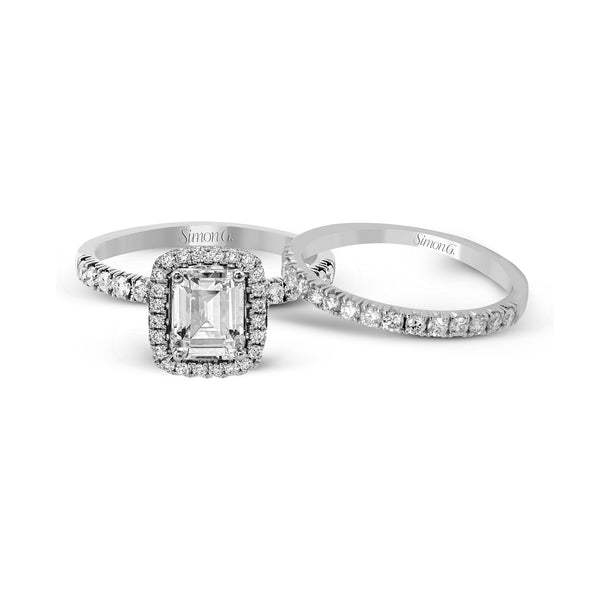 Emerald-cut Halo Engagement Ring & Matching Wedding Band in 18k Gold with Diamonds