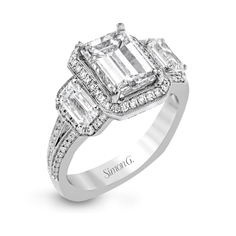 Emerald-Cut Three-Stone Halo Engagement Ring In 18k Gold With Diamonds