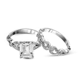 Emerald-cut Trellis Engagement Ring & Matching Wedding Band in 18k Gold with Diamonds